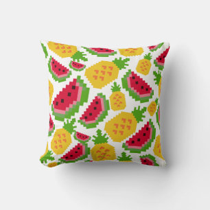 Tropical Watermelon and Pineapple Pixel Pattern Throw Pillow