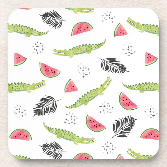 Tropical Watermelon & Crocodile Pattern Beverage Coaster (Front)