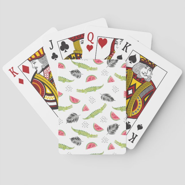 Tropical Watermelon & Crocodile Pattern Poker Cards (Back)