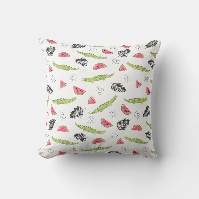 Tropical Watermelon & Crocodile Pattern Throw Pillow (Front)