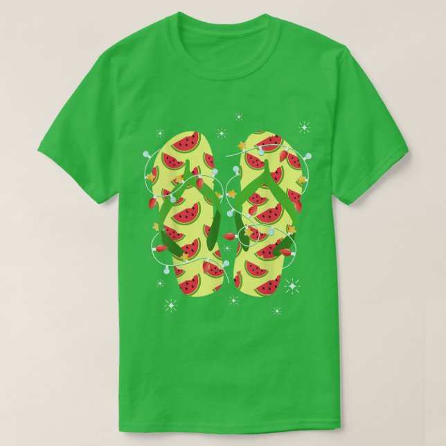 Tropical Watermelon Flip Flops Xmas Lights Christm T-Shirt (Design Front)