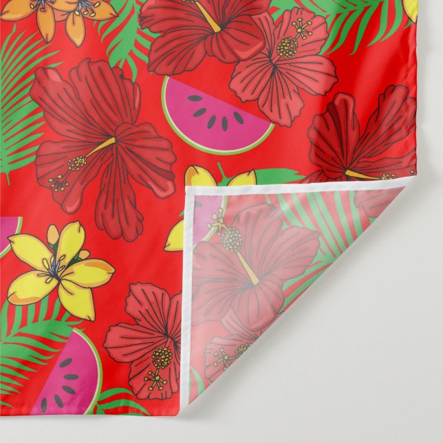 Tropical Watermelon Fruit and Hibiscus Red Floral Tapestry (Detail)