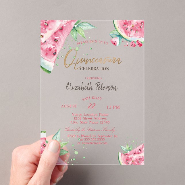 Tropical Watermelon Summer Quinceanera Acrylic Invitations (Insitu (Handheld))