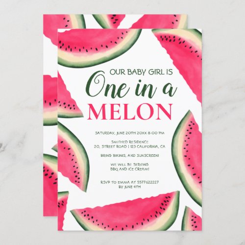 Tropical watermelon watercolor 1st birthday invitation