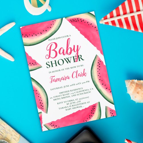 Tropical watermelon watercolor baby shower invitation