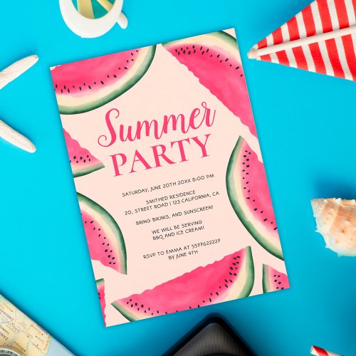 Tropical watermelon watercolor summer party pink invitation