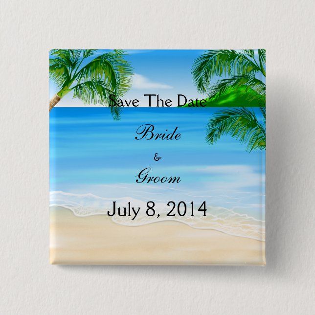 Tropical Waters Beach Wedding Save The Date Button (Front)