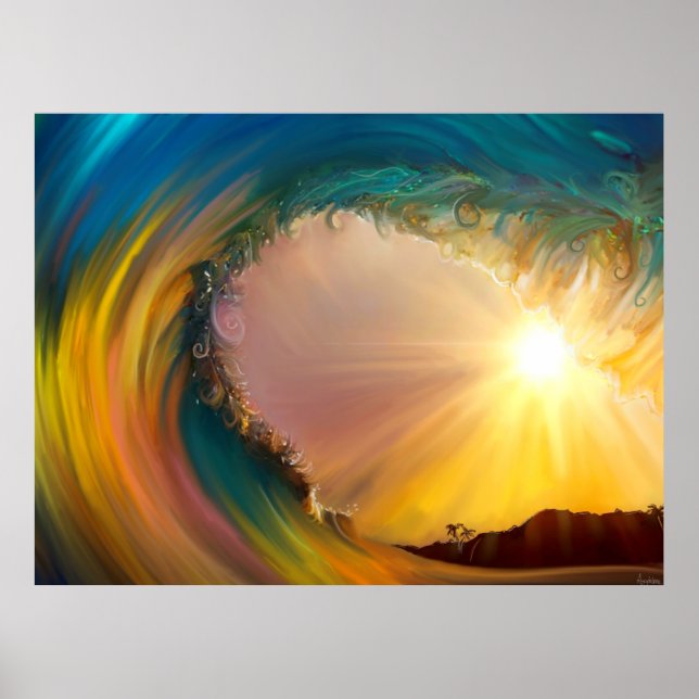 Tropical wave at sunset video call background poster (Front)