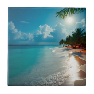 Tropical Waves Blue cloudy sky beach Ceramic Tile