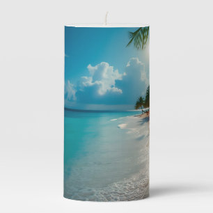 Tropical Waves Blue cloudy sky beach Pillar Candle
