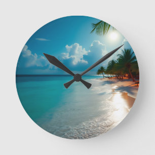 Tropical Waves Blue cloudy sky beach Round Clock