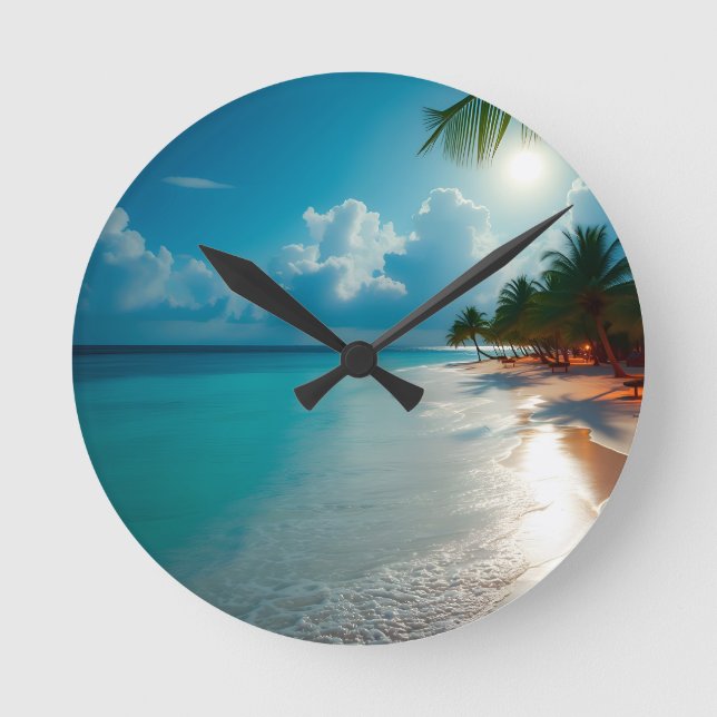 Tropical Waves Blue cloudy sky beach Round Clock (Front)
