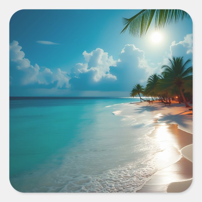 Tropical Waves Blue cloudy sky beach Square Sticker (Front)