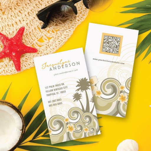 Customizable Tropical Waves Hibiscus Beach Summer Palm Trees Business Card Template