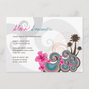 Tropical Waves Hibiscus Hawaiian Luau Summer Party Invitation