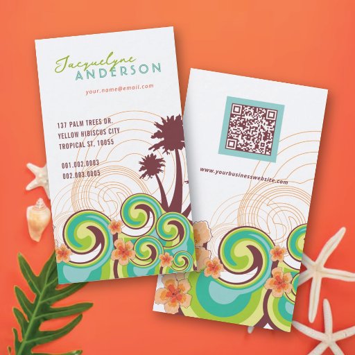 Customizable Tropical Waves Hibiscus Summer Beach Palm Trees Business Card Template