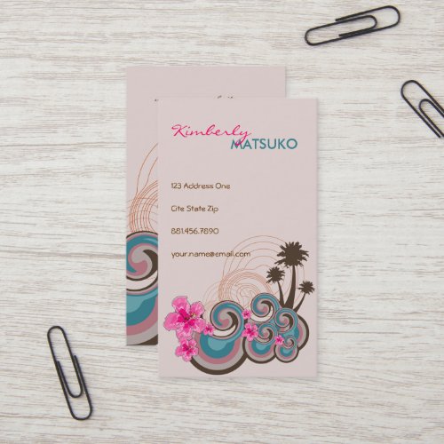 Tropical Waves Hot Pink Hibiscus Beach Palm Trees Business Cards
