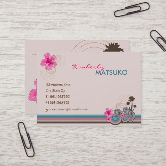 Tropical Waves Hot Pink Hibiscus Beach Palm Trees Business Card (Front/Back In Situ)