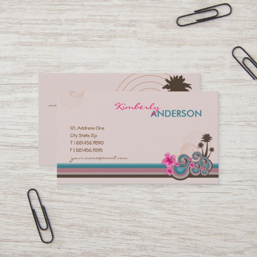 Customizable Tropical Waves Hot Pink Hibiscus Beach Palm Trees Business Card Templates