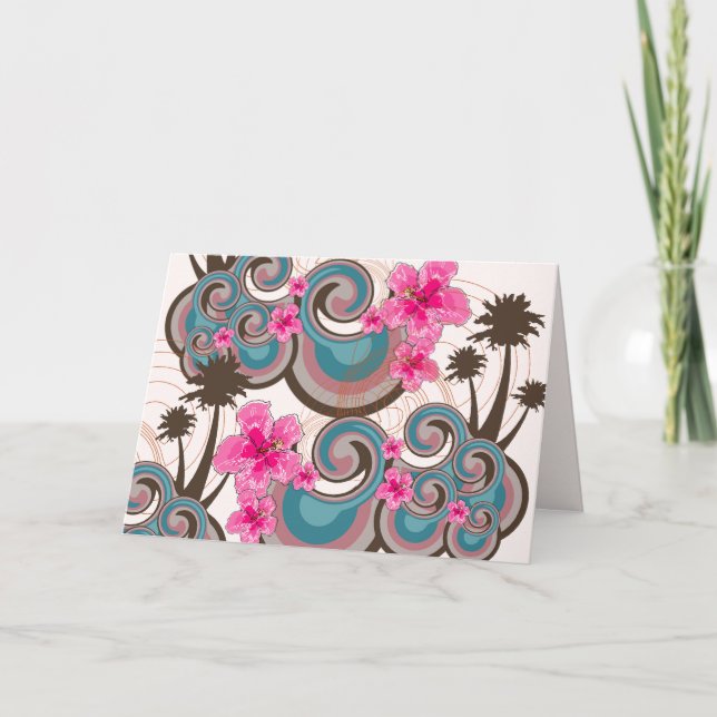 Tropical Waves Hot Pink Hibiscus Beach Palm Trees Card (Front)