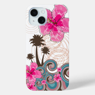 Tropical Waves Hot Pink Hibiscus Beach Palm Trees iPhone 15 Case