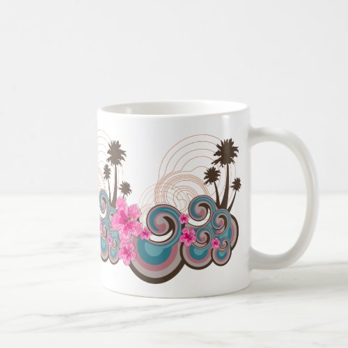 Tropical Waves Hot Pink Hibiscus Beach Palm Trees Coffee Mug
