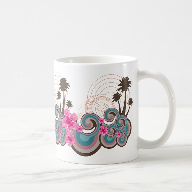 Tropical Waves Hot Pink Hibiscus Beach Palm Trees Coffee Mug (Right)