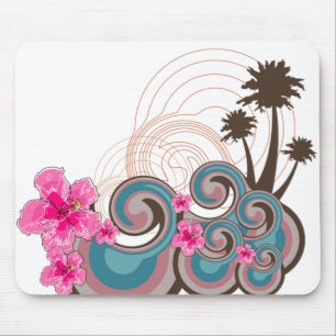 Tropical Waves Hot Pink Hibiscus Beach Palm Trees Mouse Pad