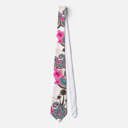 Tropical Waves Hot Pink Hibiscus Beach Palm Trees Neck Tie