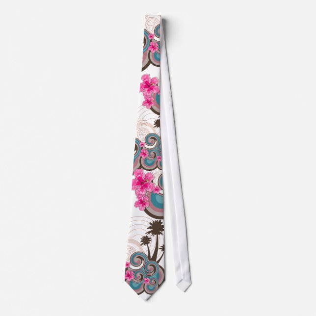 Tropical Waves Hot Pink Hibiscus Beach Palm Trees Neck Tie (Front)