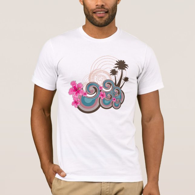 Tropical Waves Hot Pink Hibiscus Beach Palm Trees T-Shirt (Front)