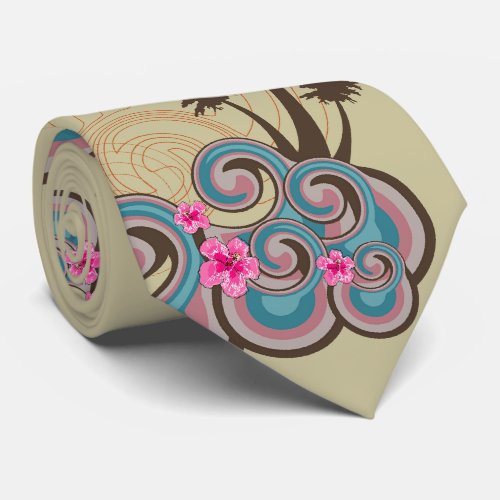 Tropical Waves Hot Pink Hibiscus Beach Palm Trees Tie