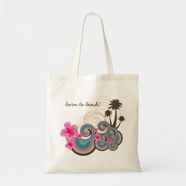 Tropical Waves Hot Pink Hibiscus Beach Palm Trees Tote Bag (Front)