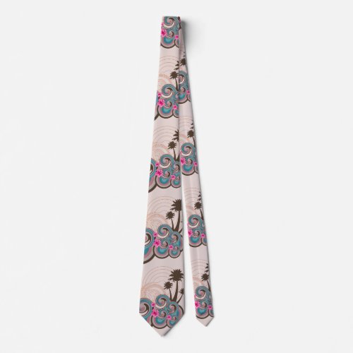 Tropical Waves Hot Pink Hibiscus Palm Trees Tie