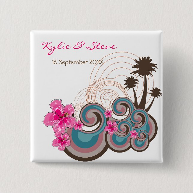 Tropical Waves Pink Hibiscus Destination Wedding Button (Front)
