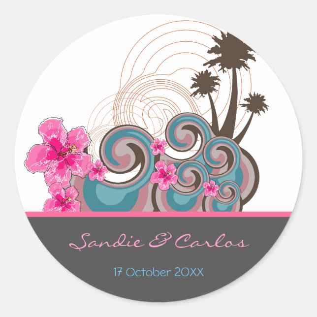 Tropical Waves Pink Hibiscus Destination Wedding Classic Round Sticker (Front)