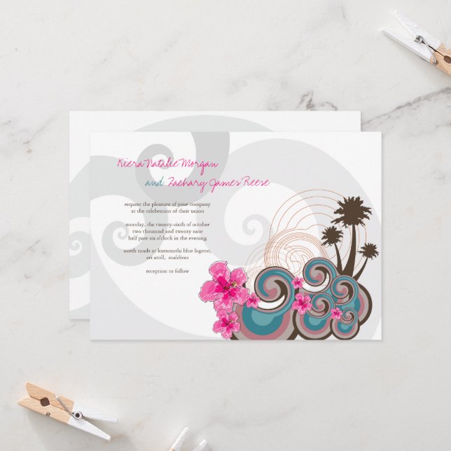 Tropical Waves Pink Hibiscus Destination Wedding Invitation (Front/Back In Situ)