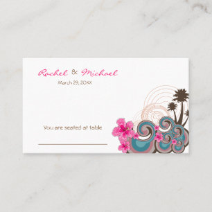 Tropical Waves Pink Hibiscus Palm Trees Wedding Place Card