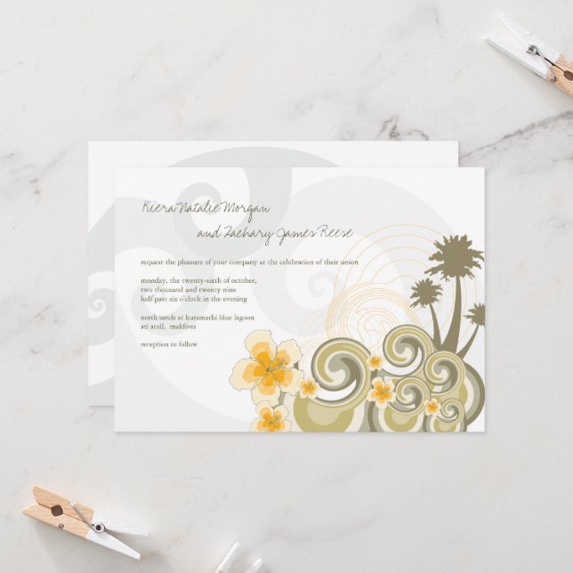 Tropical Waves Yellow Hibiscus Destination Wedding Invitation (Front/Back In Situ)