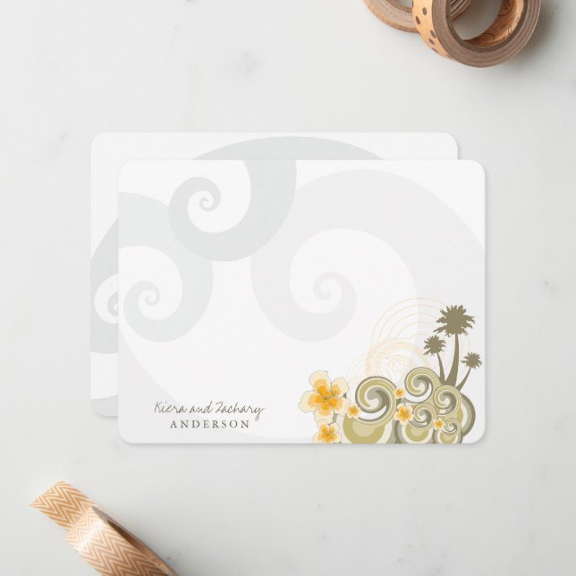 Tropical Waves Yellow Hibiscus Destination Wedding Note Card (Front/Back In Situ)