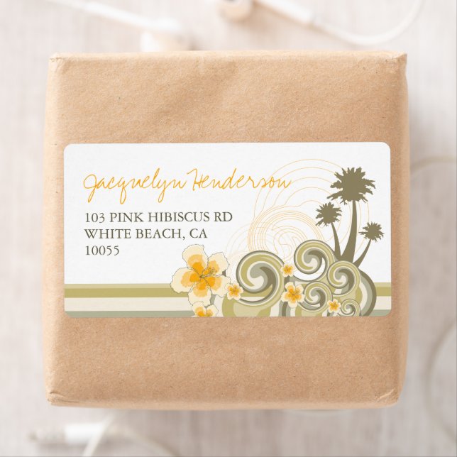 Tropical Waves Yellow Hibiscus Palm Trees Address Label (Insitu)