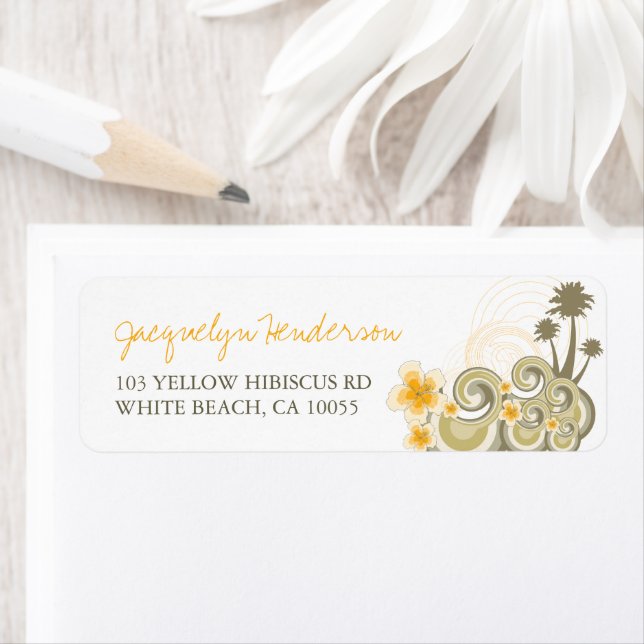 Tropical Waves Yellow Hibiscus Palm Trees Address Label (Insitu)