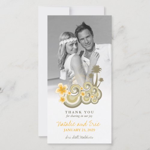 Tropical Waves Yellow Hibiscus Palm Trees Wedding Thank You Card