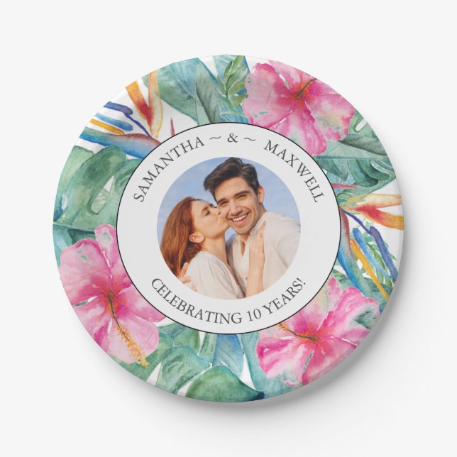 Tropical Wedding Anniversary Party Photo Paper Plates (Front)