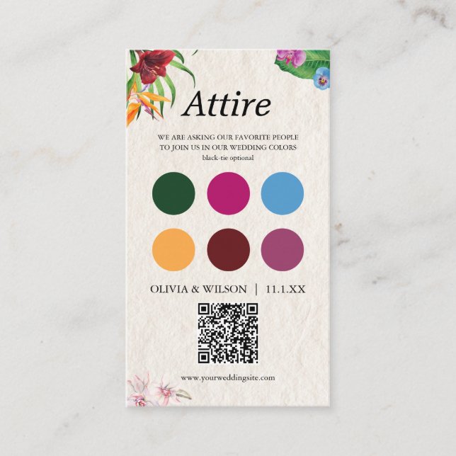 Tropical Wedding attire dress code palette + QR Enclosure Card (Front)