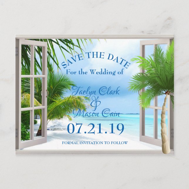 Tropical Wedding Beach Scene Save The Date Card (Front)