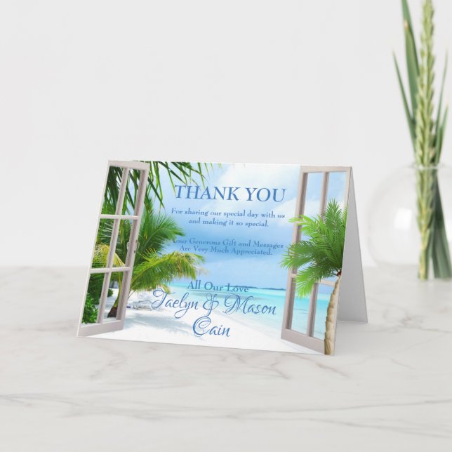Tropical Wedding Beach Scene Thank You Card (Front)