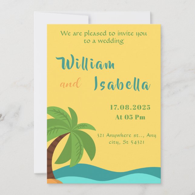 Tropical wedding,Beach yellow ,palm tree Invitation (Front)