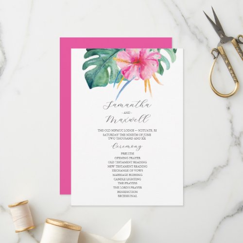Tropical Wedding Ceremony Programs Pink Flowers