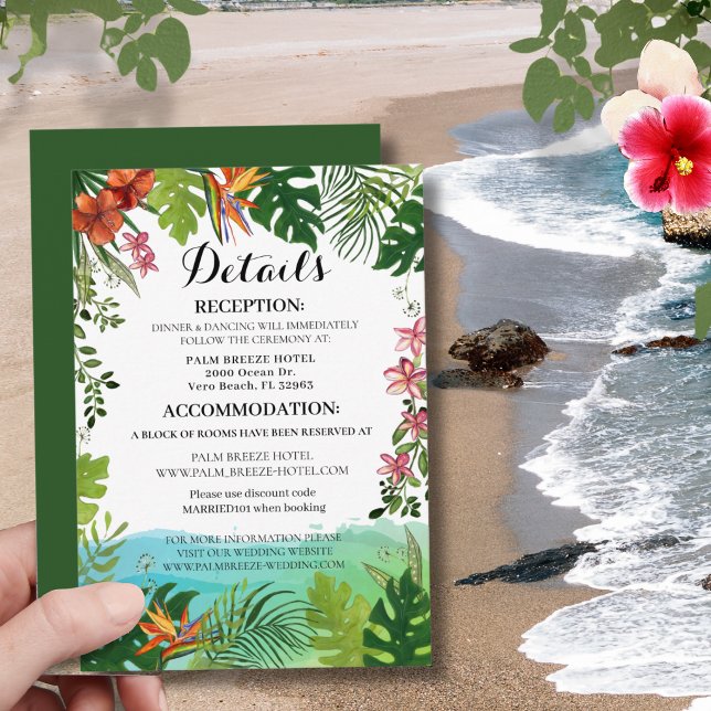 Tropical Wedding Details Card Watercolor Hibiscus  (Tropical Wedding Details Card Watercolor Hibiscus)